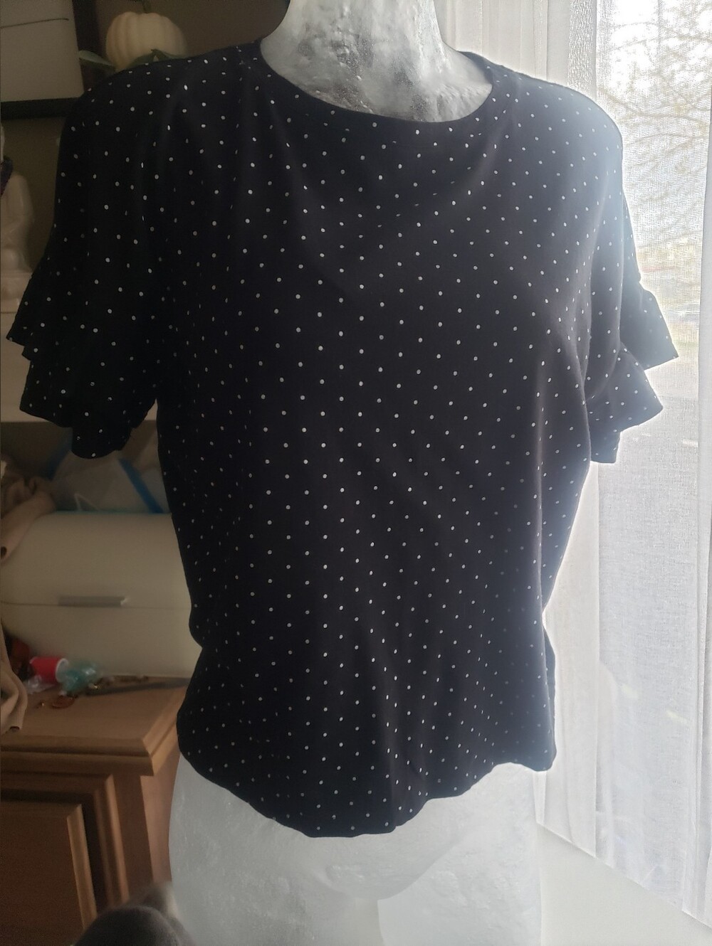 14th & Union Black Polka Dot Ruffle Cotton Blend  Sleeve Tee